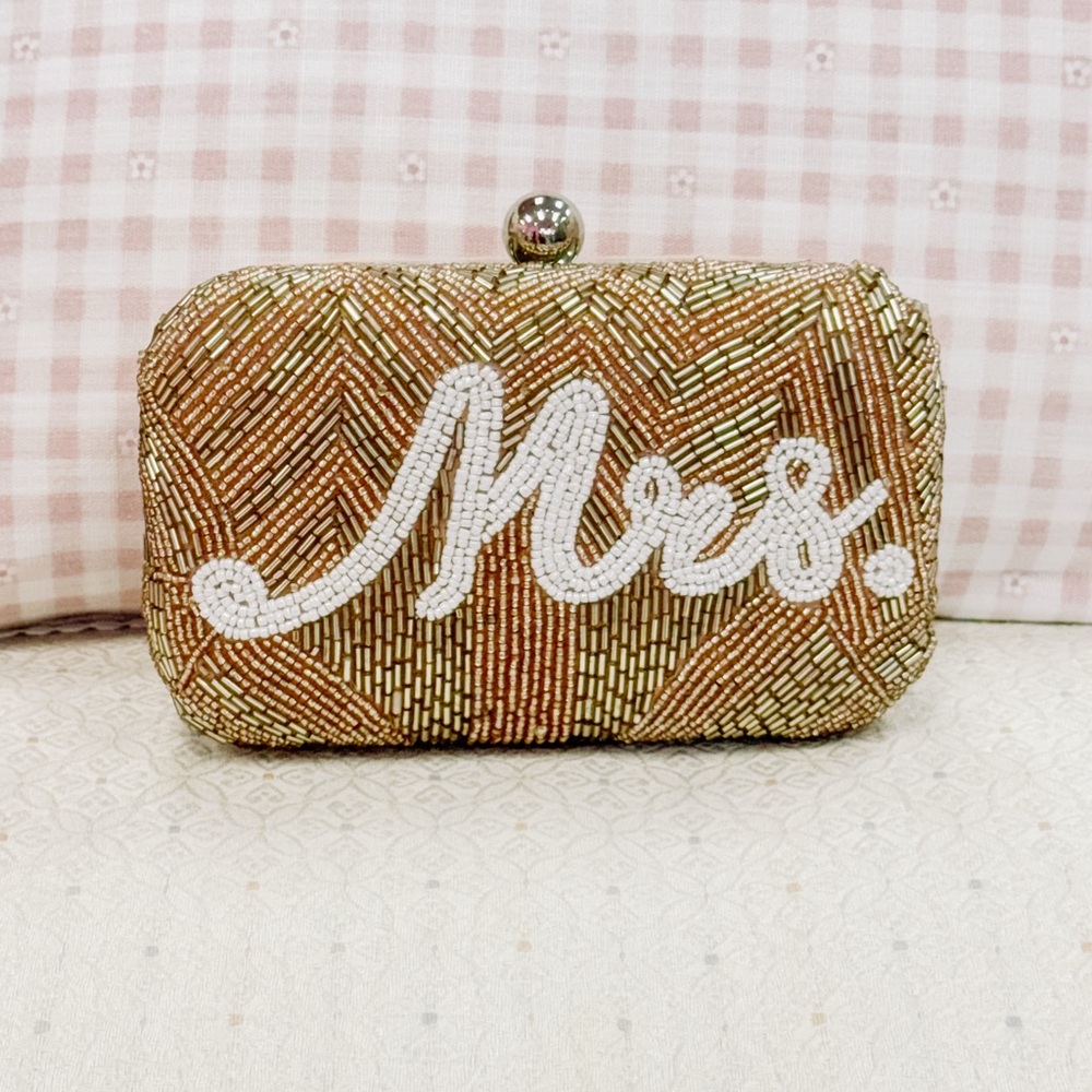 Gold Beaded Clutch with 'Mrs.' Design